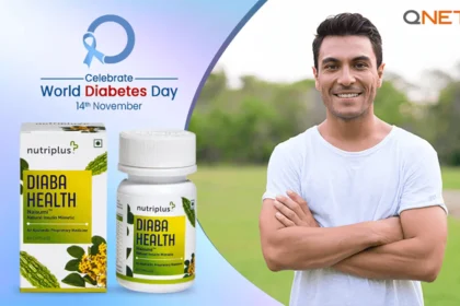 A young man standing outdoors on World Diabetes Day with Nutriplus DiabaHealth in the frame