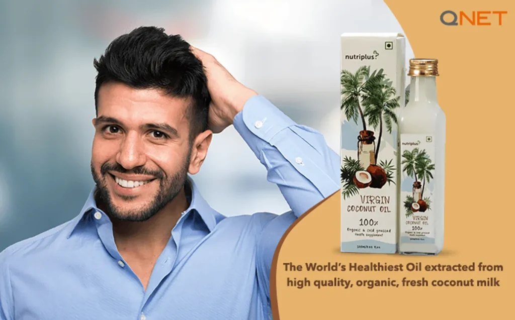 A young man experiencing the benefits of Nutriplus Virgin Coconut Oil (VCO) by QNET