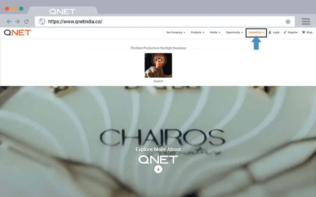 Accessing information about the QNET India Support Centre through its corporate website