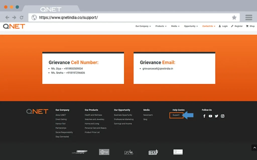 Accessing information about the QNET India Support Centre through the footer menu on its corporate website