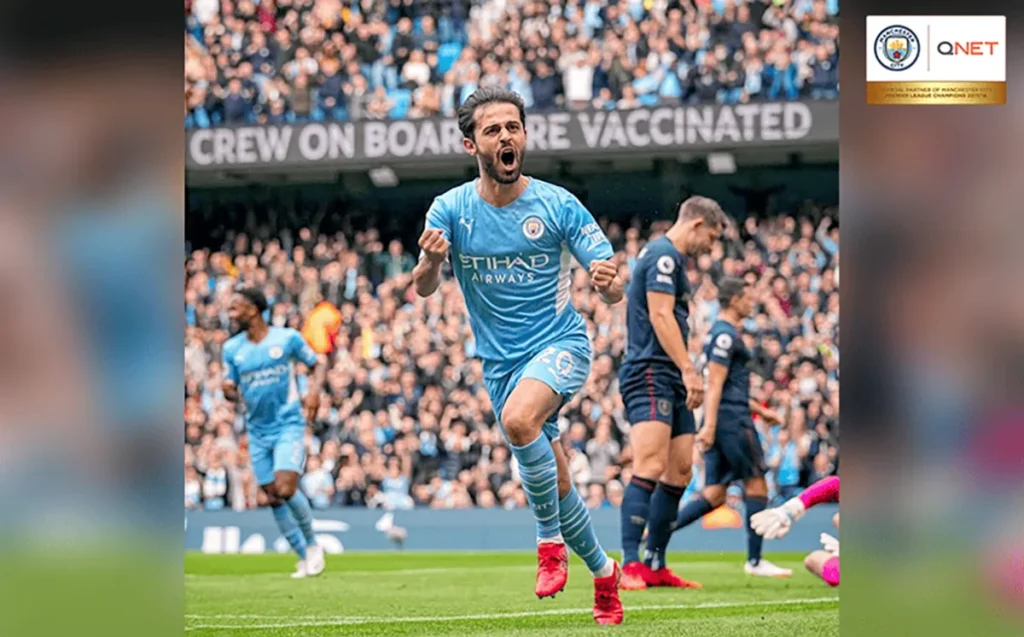 Bernardo Silva celebrating after scoring a goal against Burnley in the Premier League