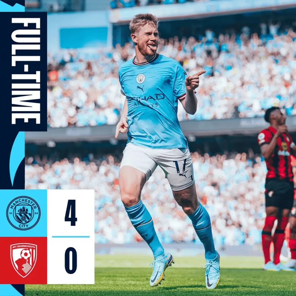Kevin De Bruyne celebrates after scoring against Bournemouth