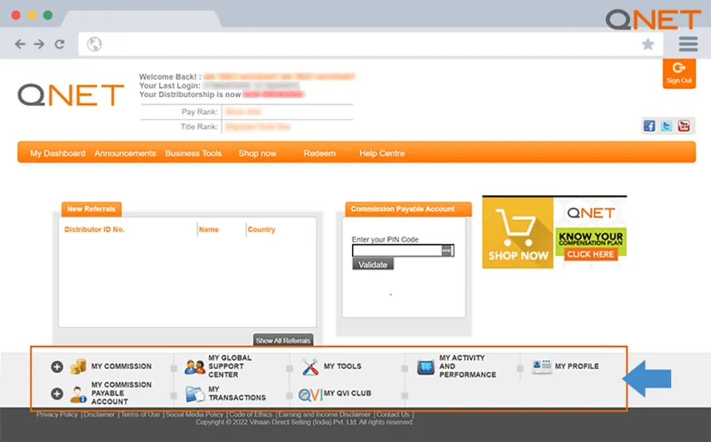 QNET Virtual Office – Footer Menu Bar