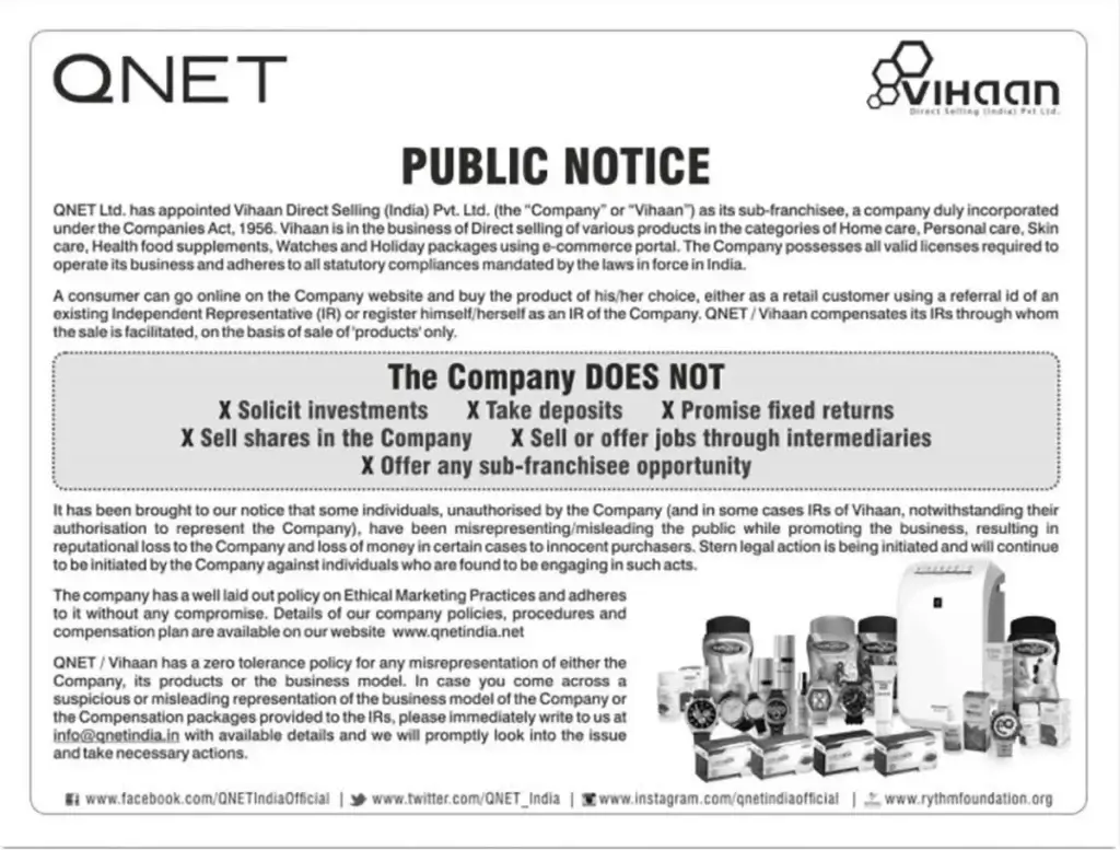 Public Notice issued by QNET India QNET India issued a Public Notice on the company policies