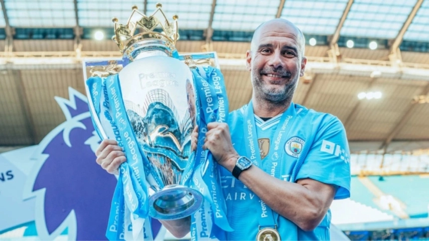 Pep Guardiola celebrates with the Premier League trophy, emphasizing Manchester City's dominance with their fourth consecutive title and sixth since his arrival